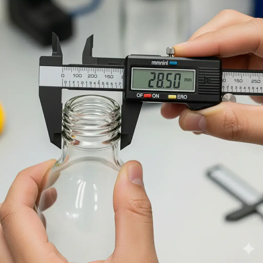 Misurazione del diametro esterno del collo di una bottiglia (la dimensione "T") con un calibro.