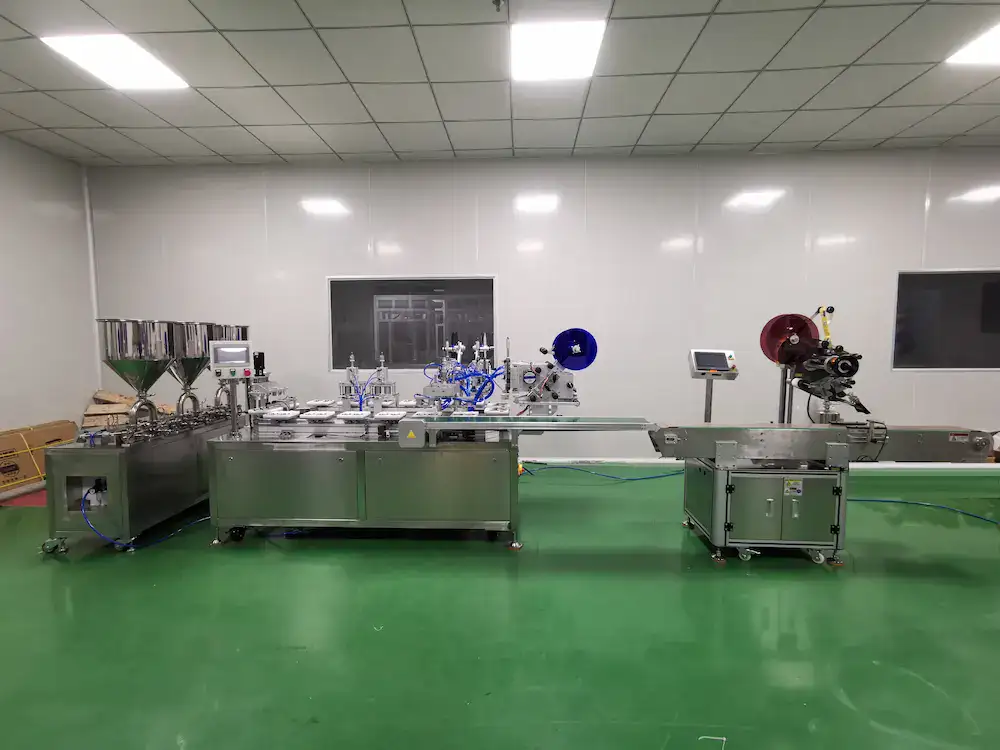 GZQD-400DB 4-out air cushion filling machine with top and bottom dual labeling system, one-pass workflow for high-end export cosmetic brand packaging