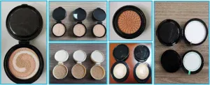 Various finished cosmetic air cushion samples of GZQD series, BB cream and CC cream cushions made by GZQD automatic filling machines