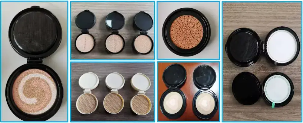 Various finished cosmetic air cushion samples of GZQD series, BB cream and CC cream cushions made by GZQD automatic filling machines