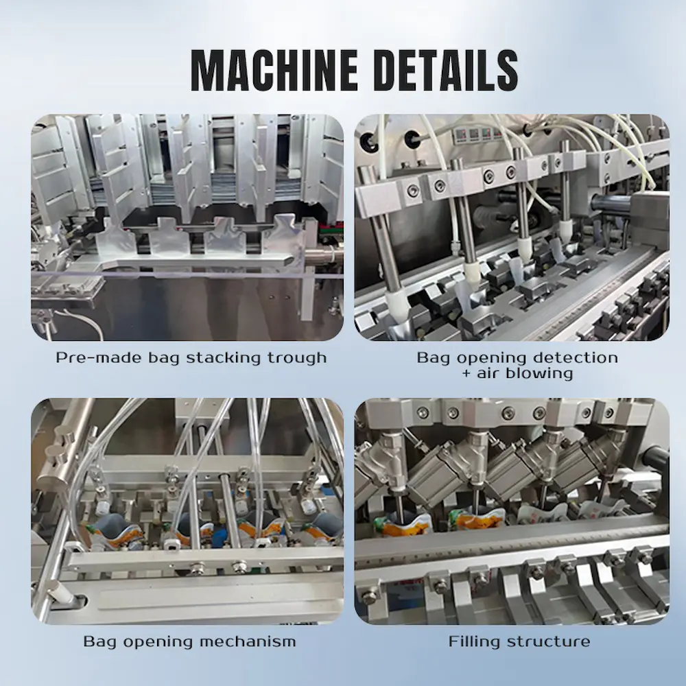 Yundu YD-180N HFFS machine details, including bag stacking trough, pouch opening detection and filling structure