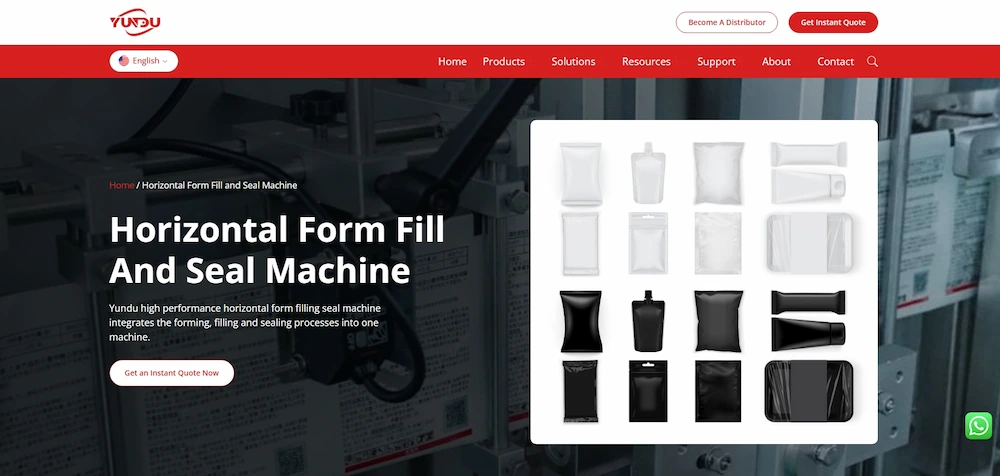 Yundu horizontal form fill and seal machine landing page, showing various pouch styles made by HFFS packaging equipment