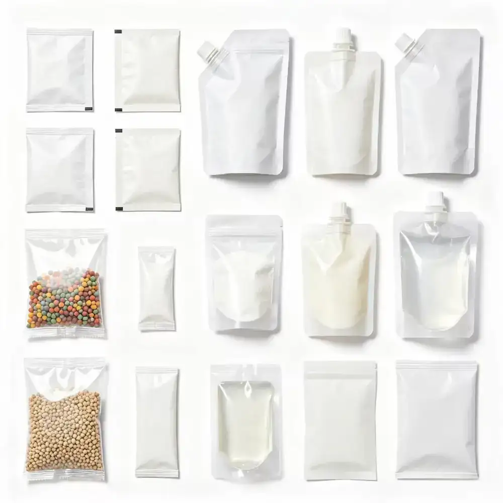Wide range of pouch samples manufactured by horizontal form fill seal machine, including shaped pouches, spout pouches, stand-up pouches, 3-side seal and 4-side seal sachets for food, nutraceutical, cosmetic and beverage